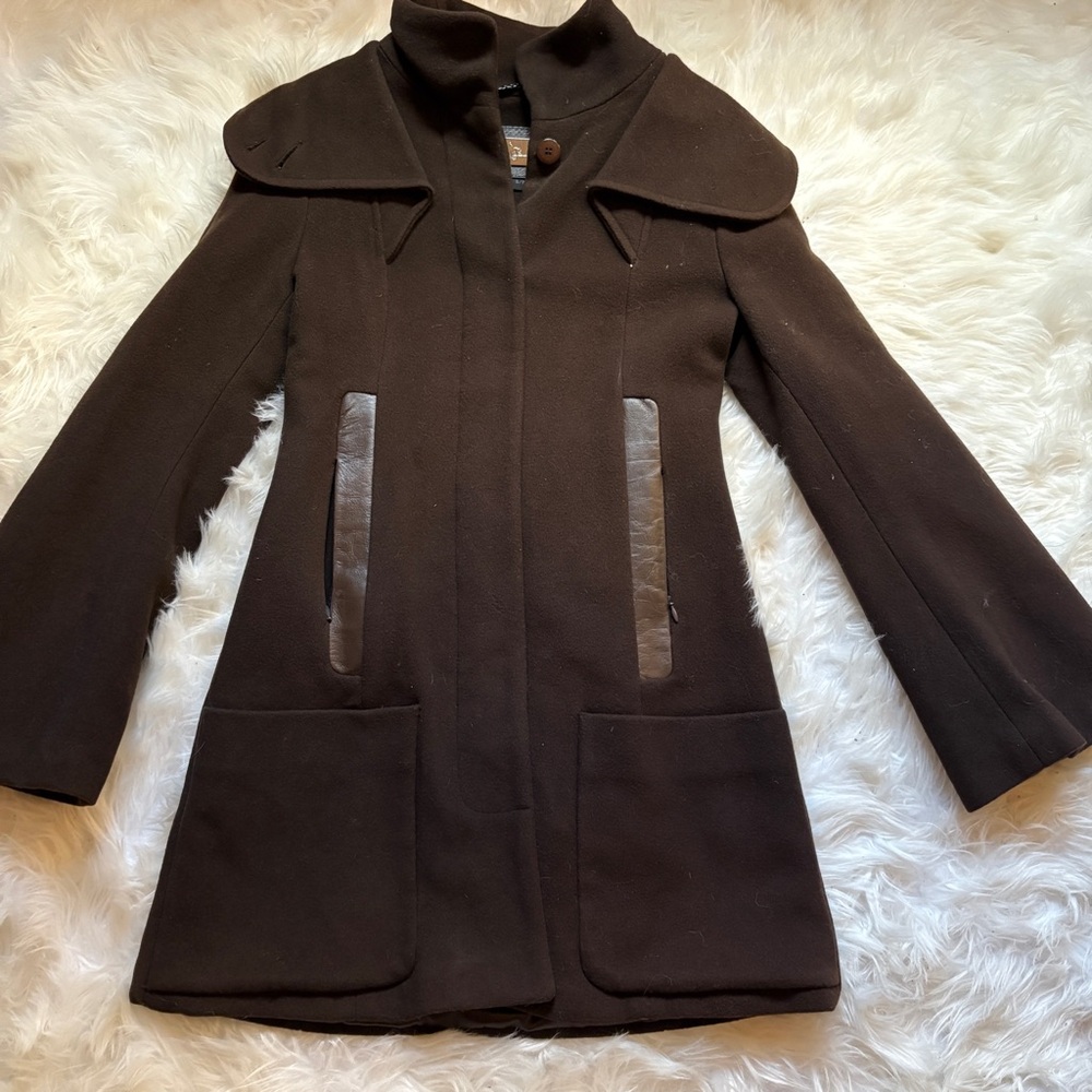 Mackage Dark Brown Women's Wool Coat With Leather Details